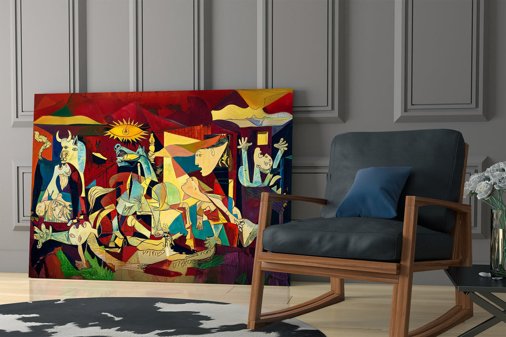 Art-history pop cinematic glass wall art in formal sitting room