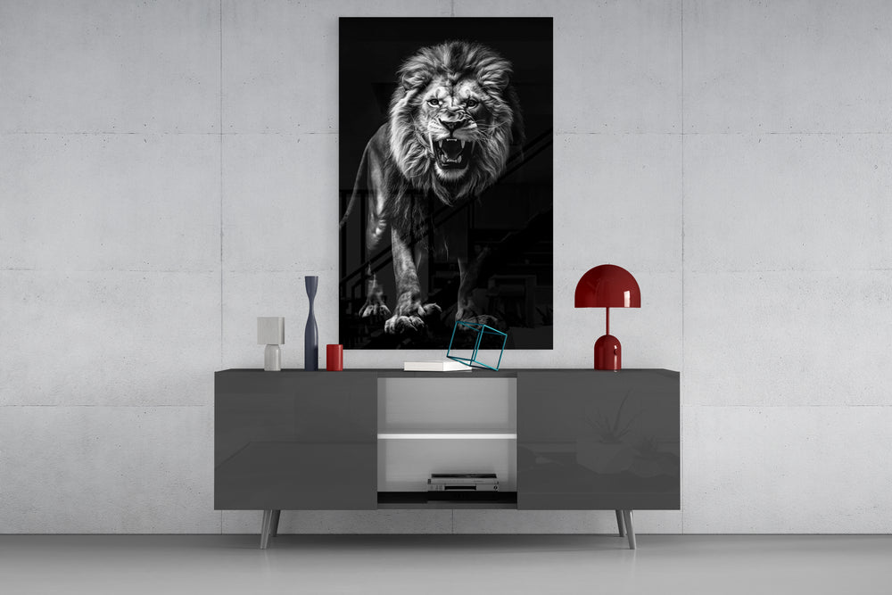 Apex roar cinematic glass wall art in masculine-luxe study