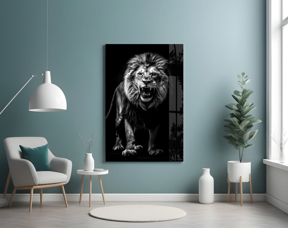 Bared-fang lion cinematic glass wall art in heritage stairwell