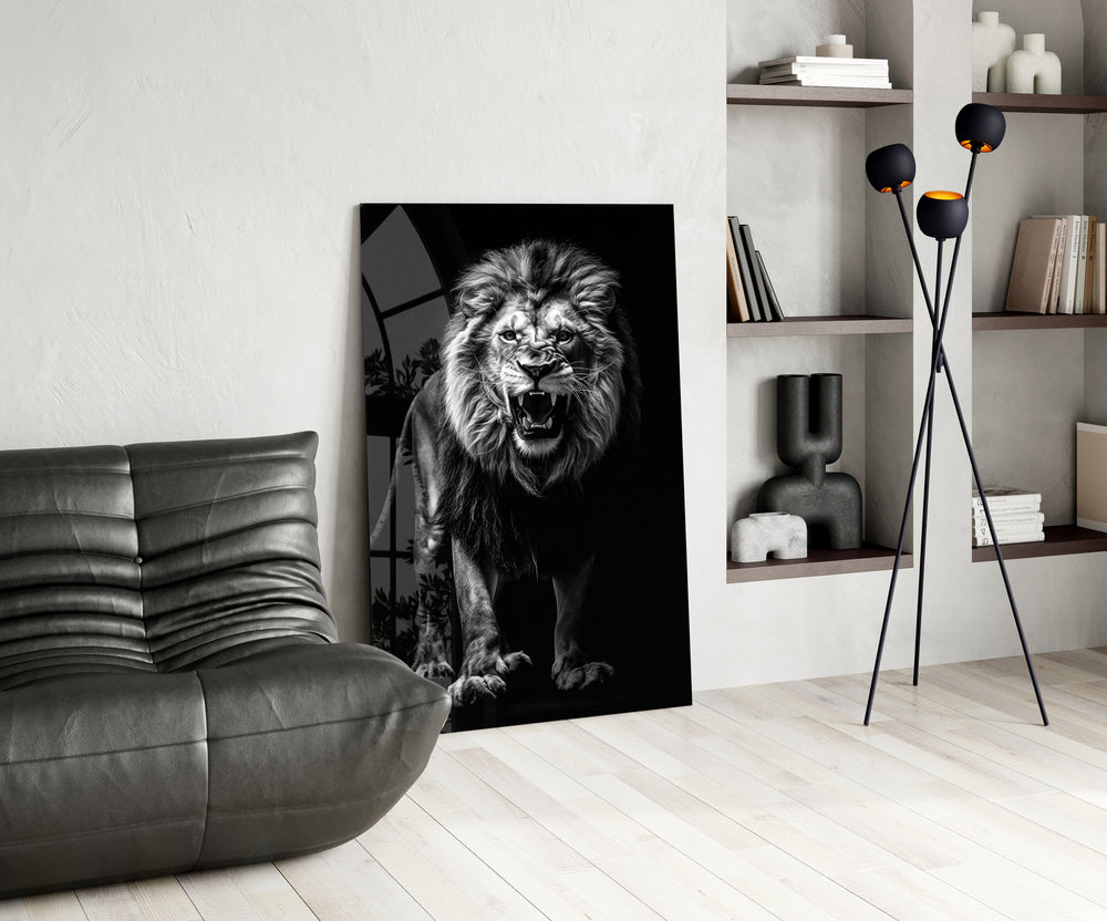 Black-and-white lion cinematic glass wall art over modern dining sideboard