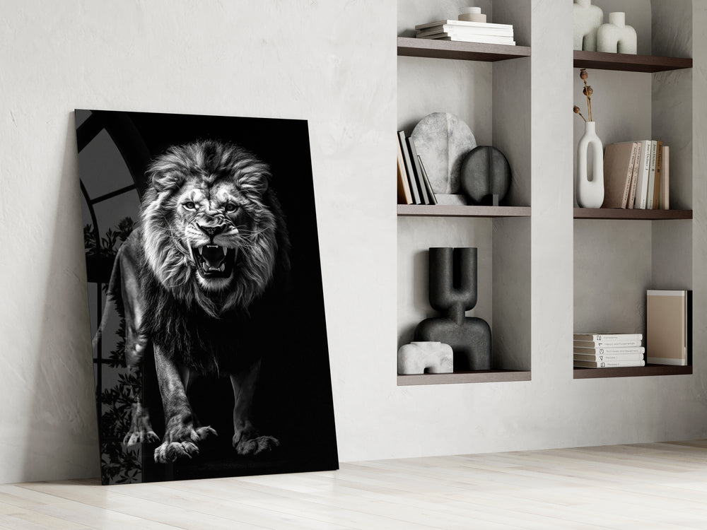 Nick-Brandt-style cinematic glass wall art in mountain-cabin great room