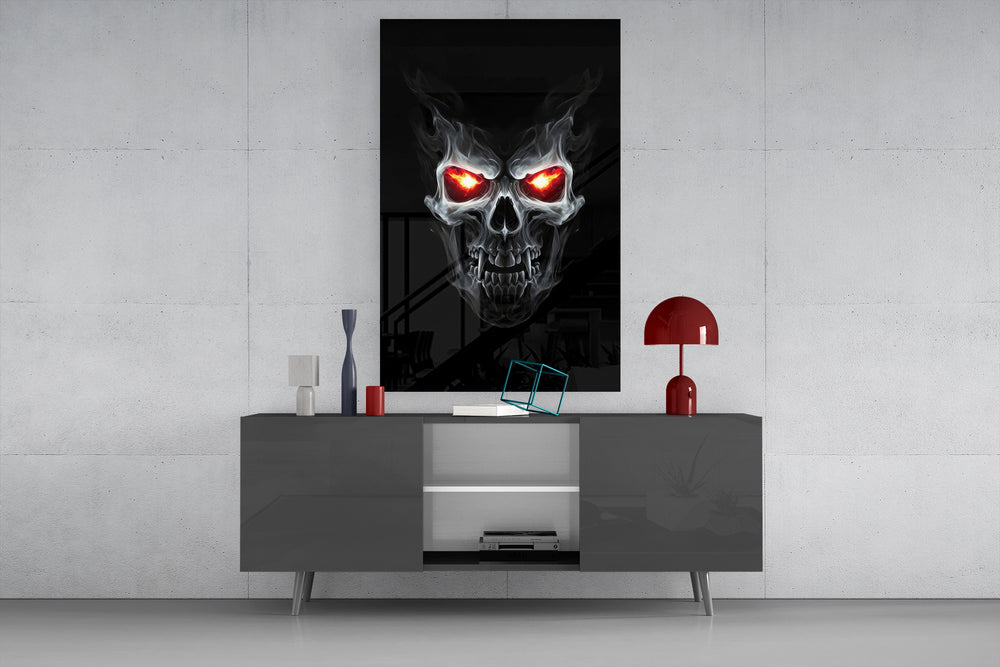 Occult fantasy cinematic glass wall art in masculine-luxe study