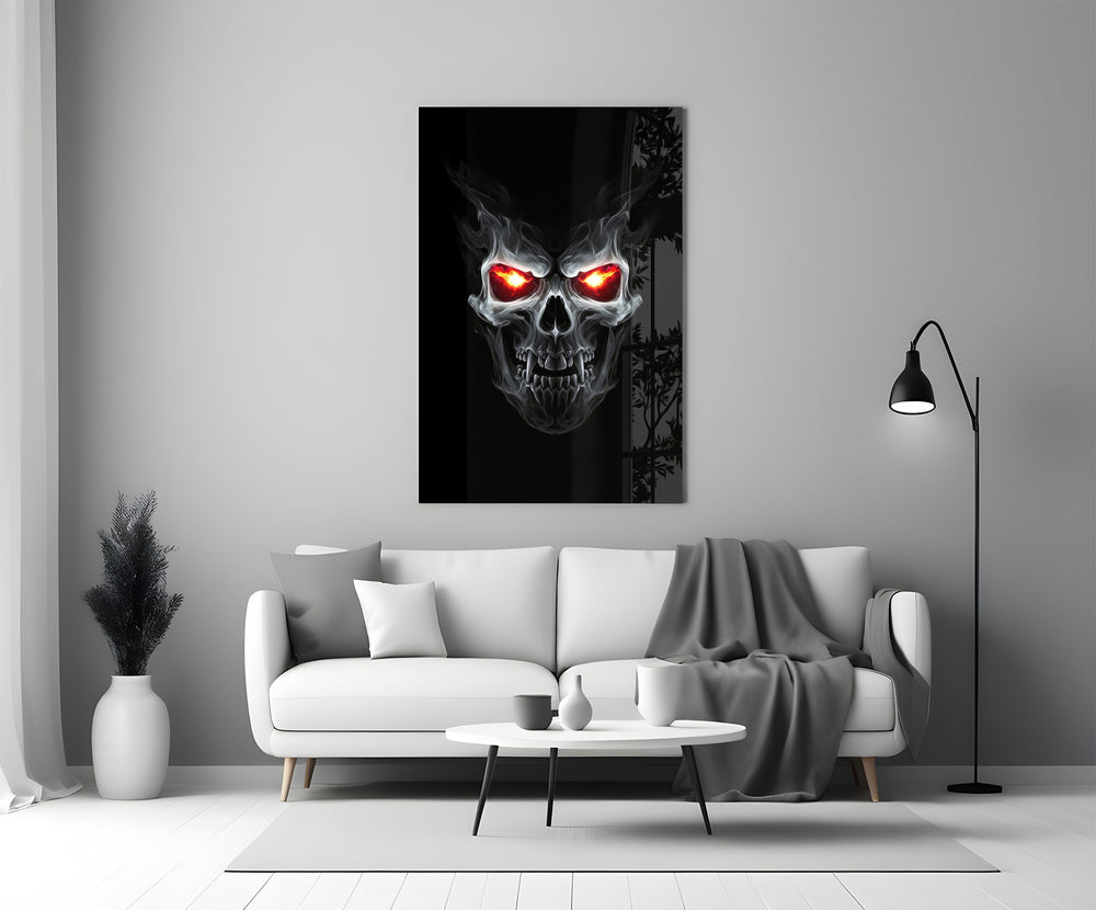 Scarlet flame-eye cinematic glass wall art in heritage stairwell