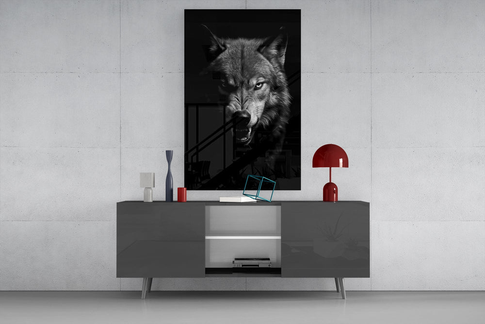 Lone hunter cinematic glass wall art in boutique-hotel lounge