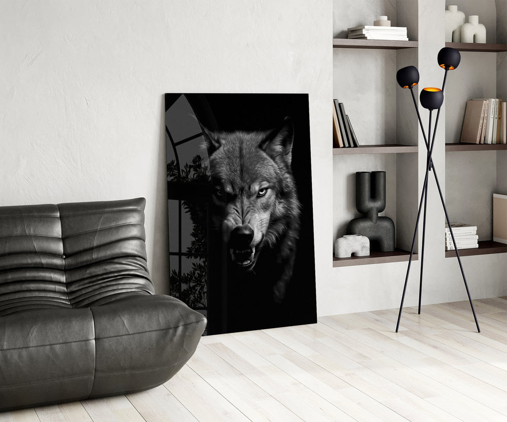 Snarling wolf cinematic glass wall art over modern dining sideboard