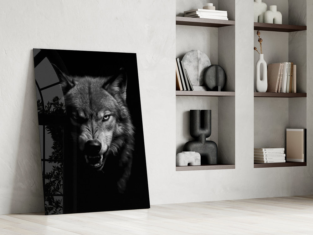 Nick-Brandt-style cinematic glass wall art in masculine-luxe study