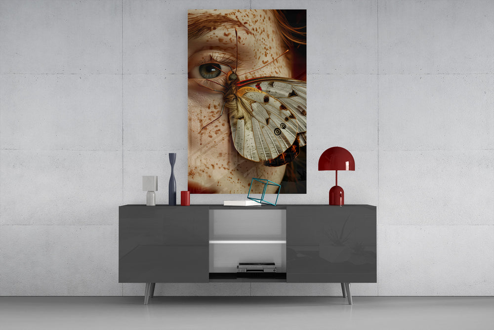 Beauty-fantasy cinematic glass wall art in light-filled atelier