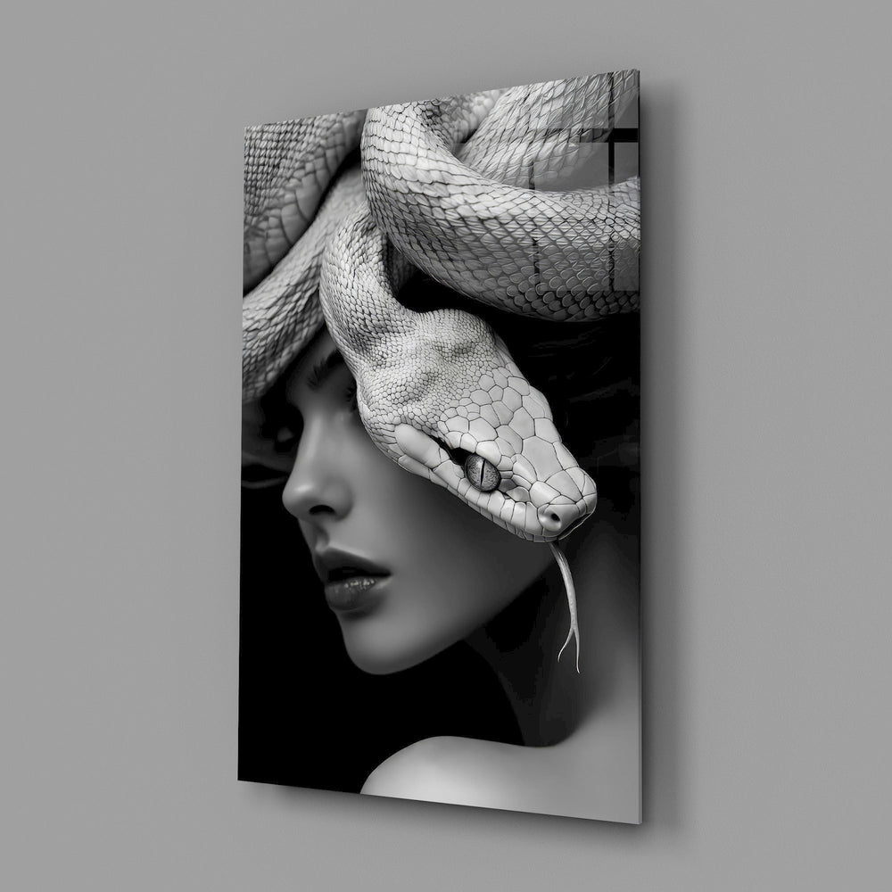 Medusa fashion editorial cinematic glass wall art in feminine-luxe boudoir