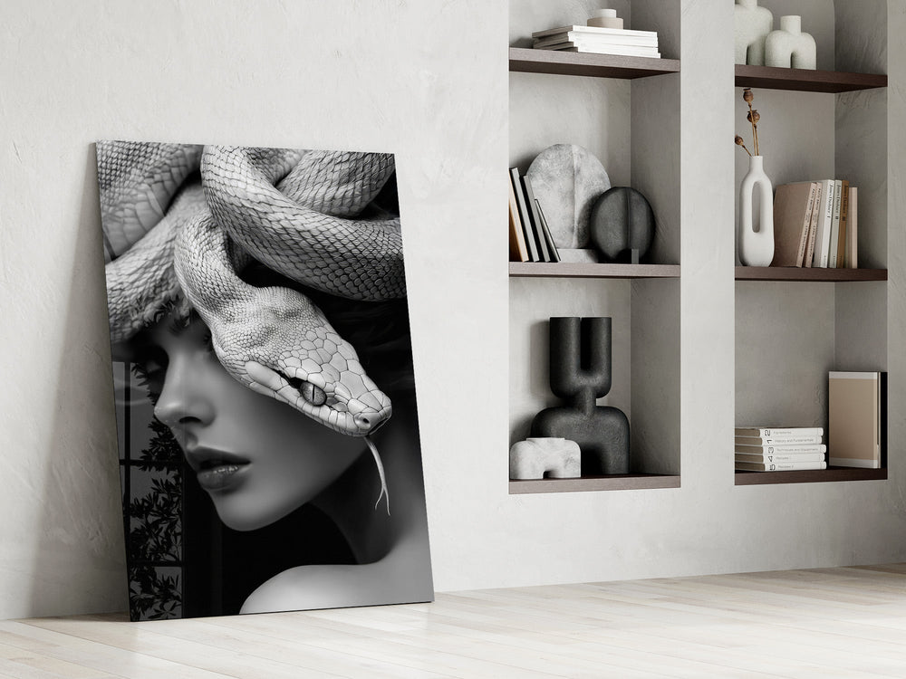 Stoic Medusa cinematic glass wall art in private library reading nook