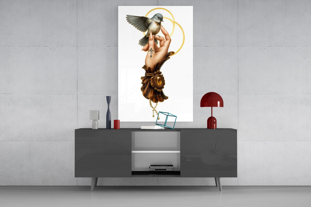 Decorative-feminine cinematic glass wall art in light-filled atelier