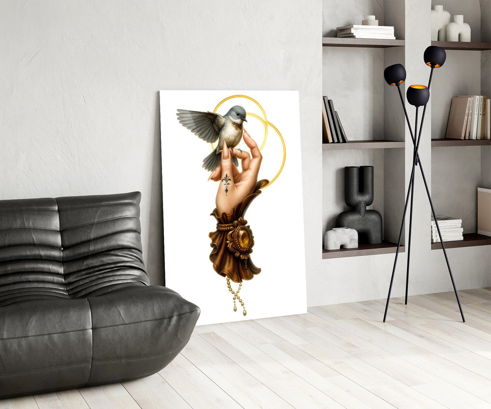 Hand-and-bird cinematic glass wall art over modern dining sideboard