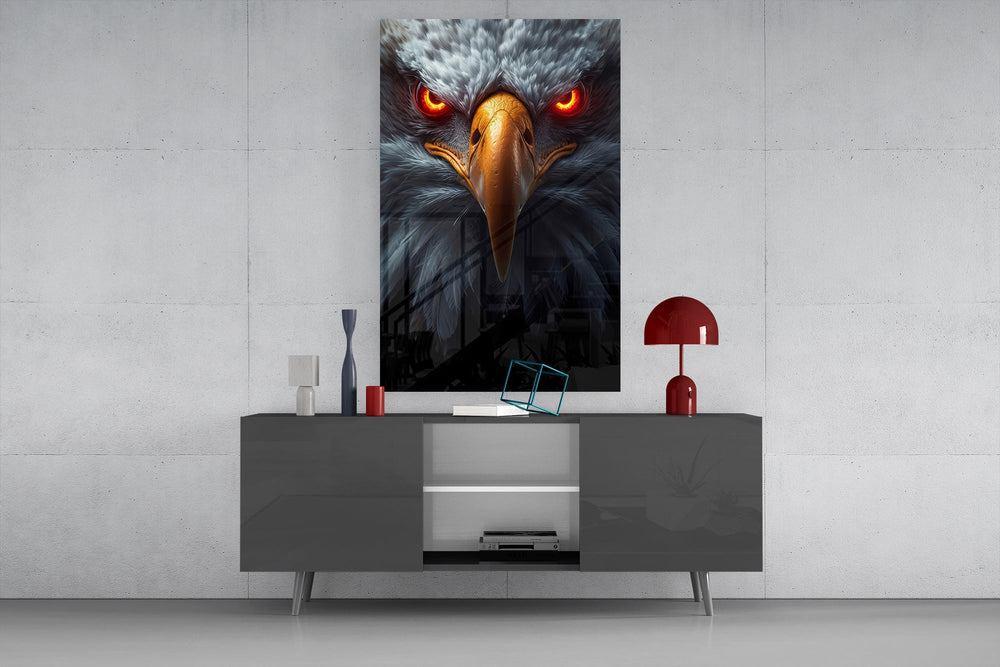 Eagle fantasy cinematic glass wall art in boutique-hotel lounge