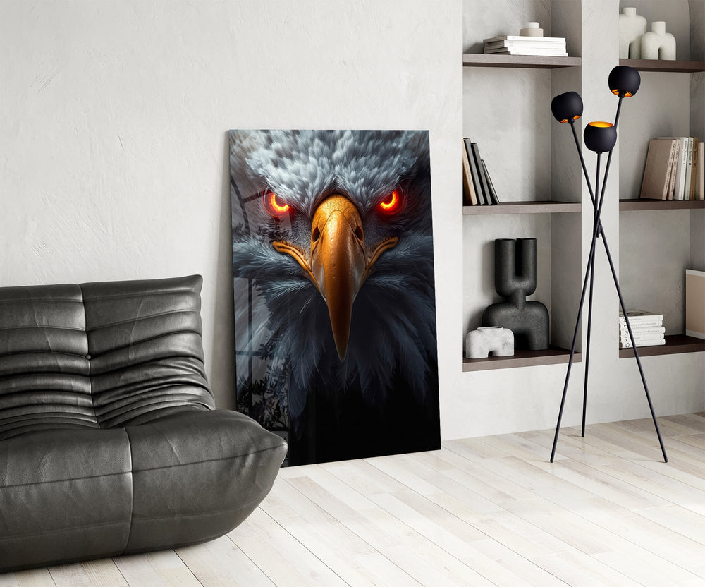 Ember-eye eagle cinematic glass wall art over modern dining sideboard