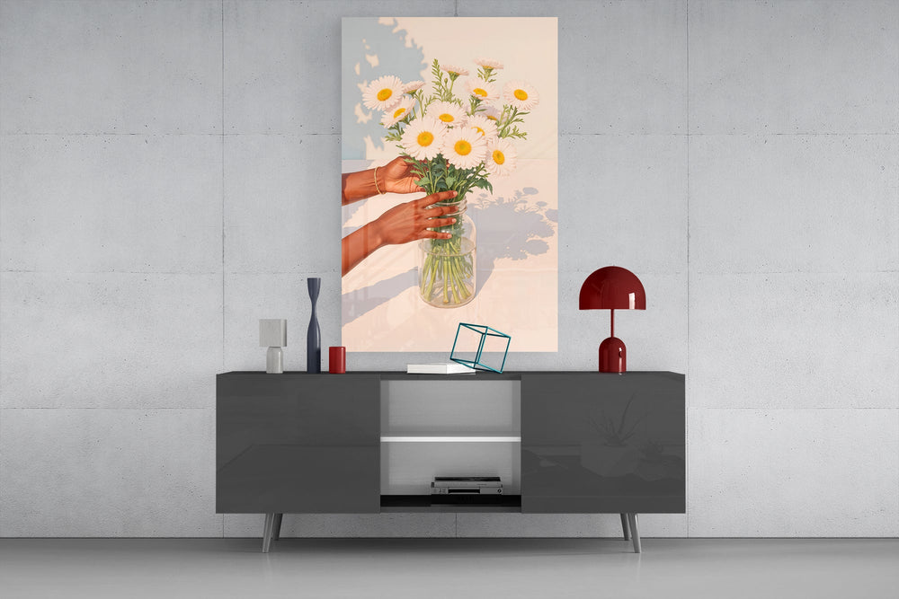 Cottagecore still-life cinematic glass wall art in light-filled atelier