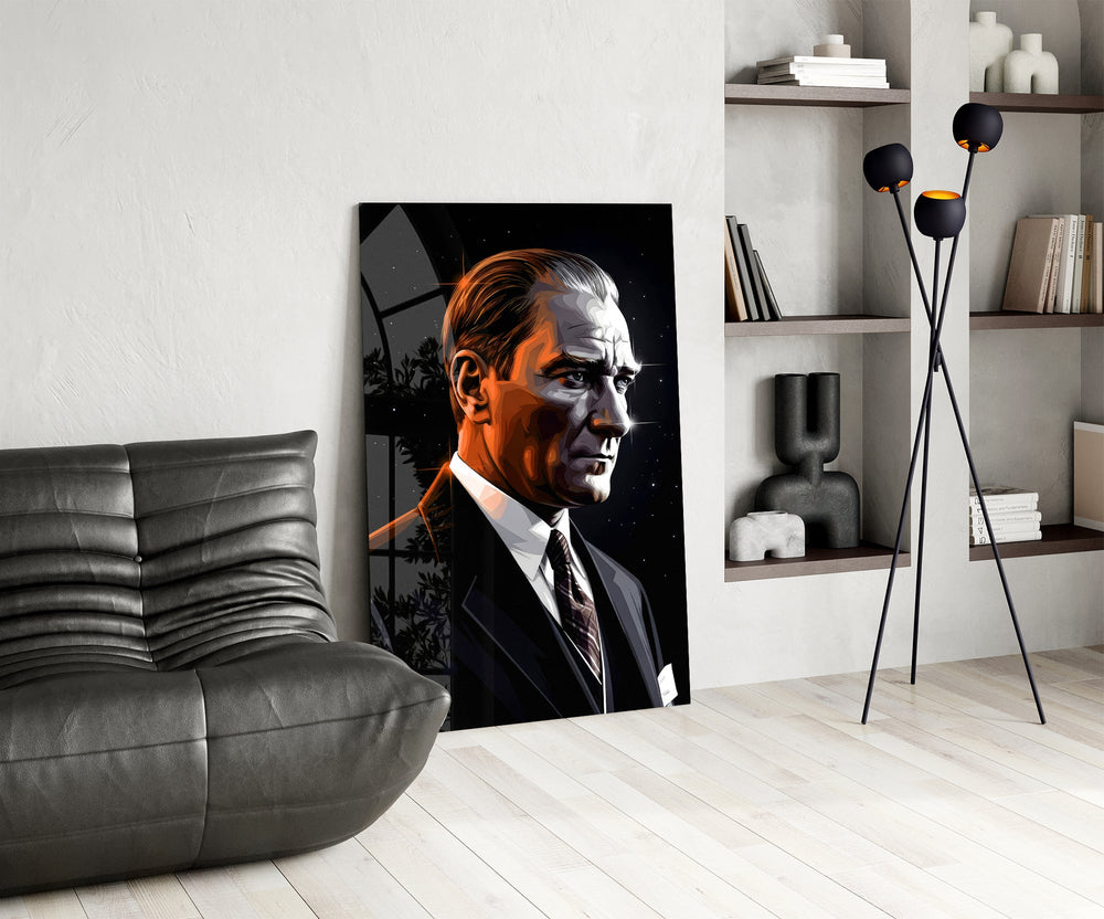 Cosmic-portrait cinematic glass wall art over modern dining sideboard
