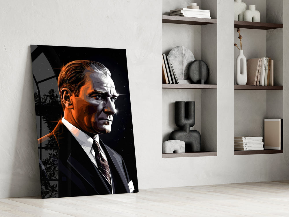 Turkish founder cinematic glass wall art in masculine-luxe study