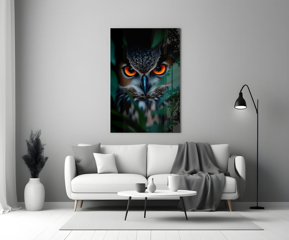 Saffron-eye owl cinematic glass wall art in heritage stairwell