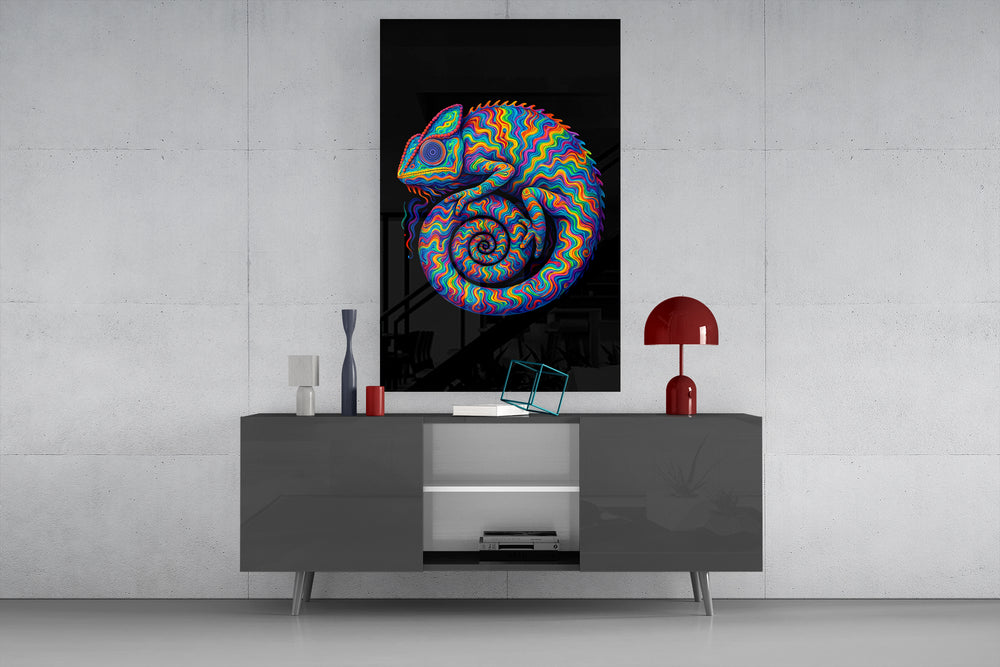 Streetwear graphic cinematic glass wall art in light-filled atelier