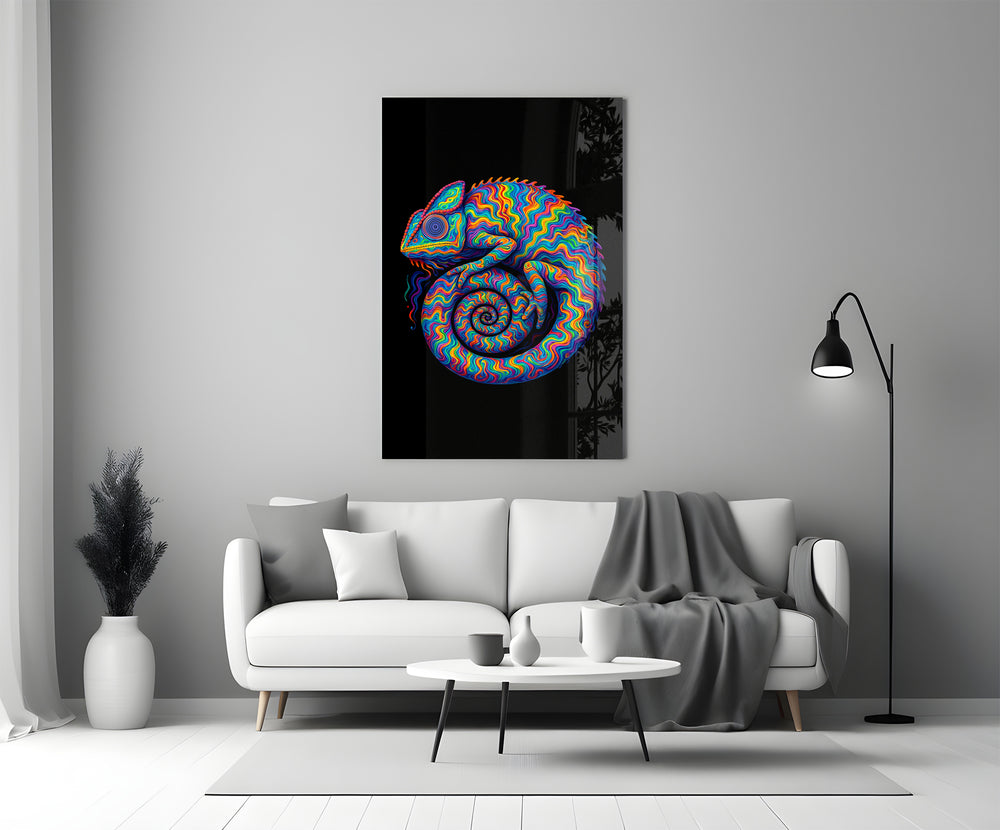 Peter-Max-style cinematic glass wall art in heritage stairwell