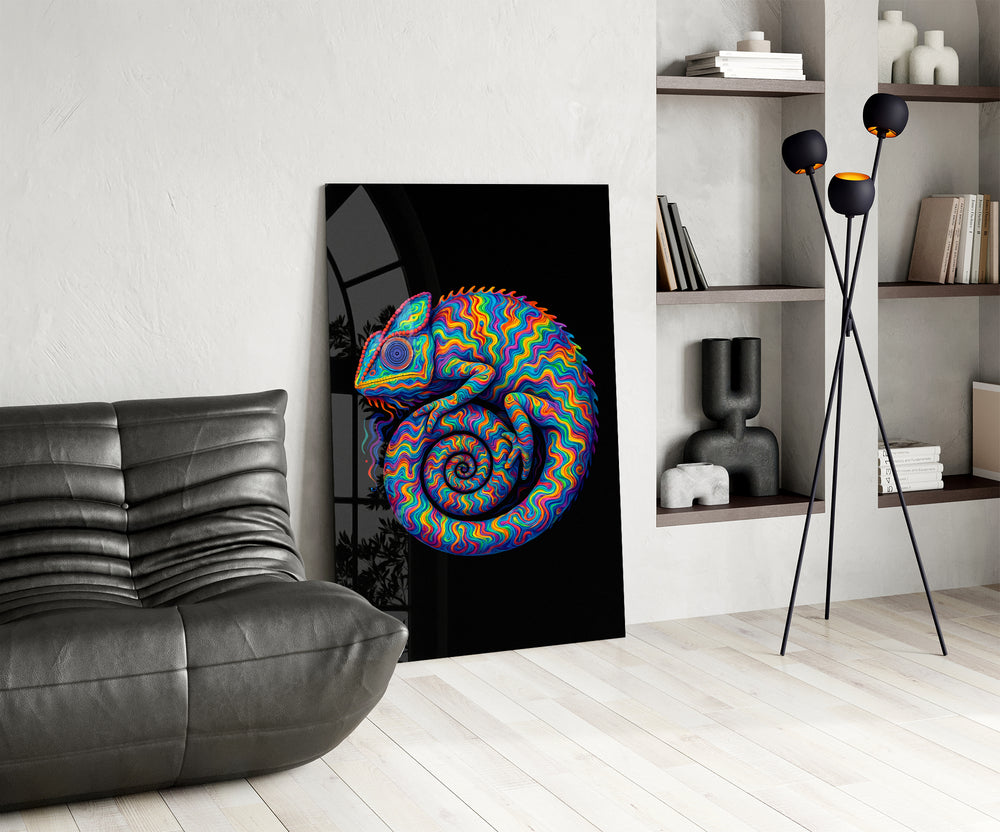 Trippy-graphic cinematic glass wall art over modern dining sideboard