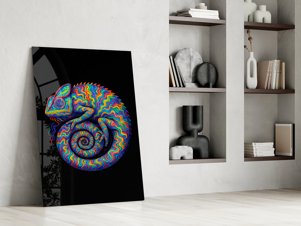 Pop-psychedelia cinematic glass wall art in private library reading nook