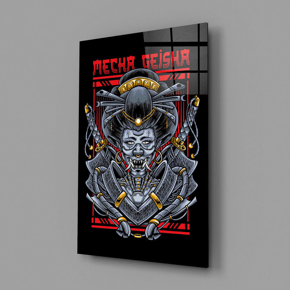 Cyber samurai streetwear cinematic glass wall art in teen alt-music-fan bedroom