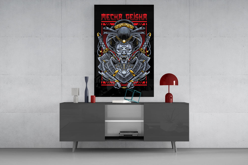 Streetwear graphic cinematic glass wall art in masculine-luxe study