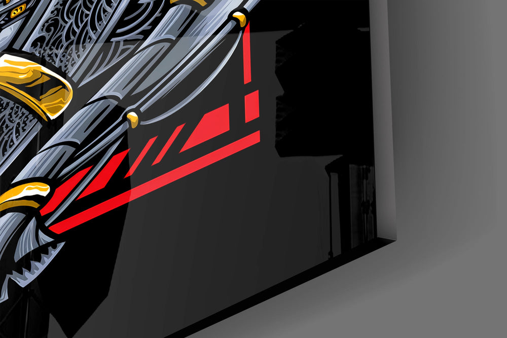 Mecha geisha cinematic glass wall art in streetwear-boutique entry