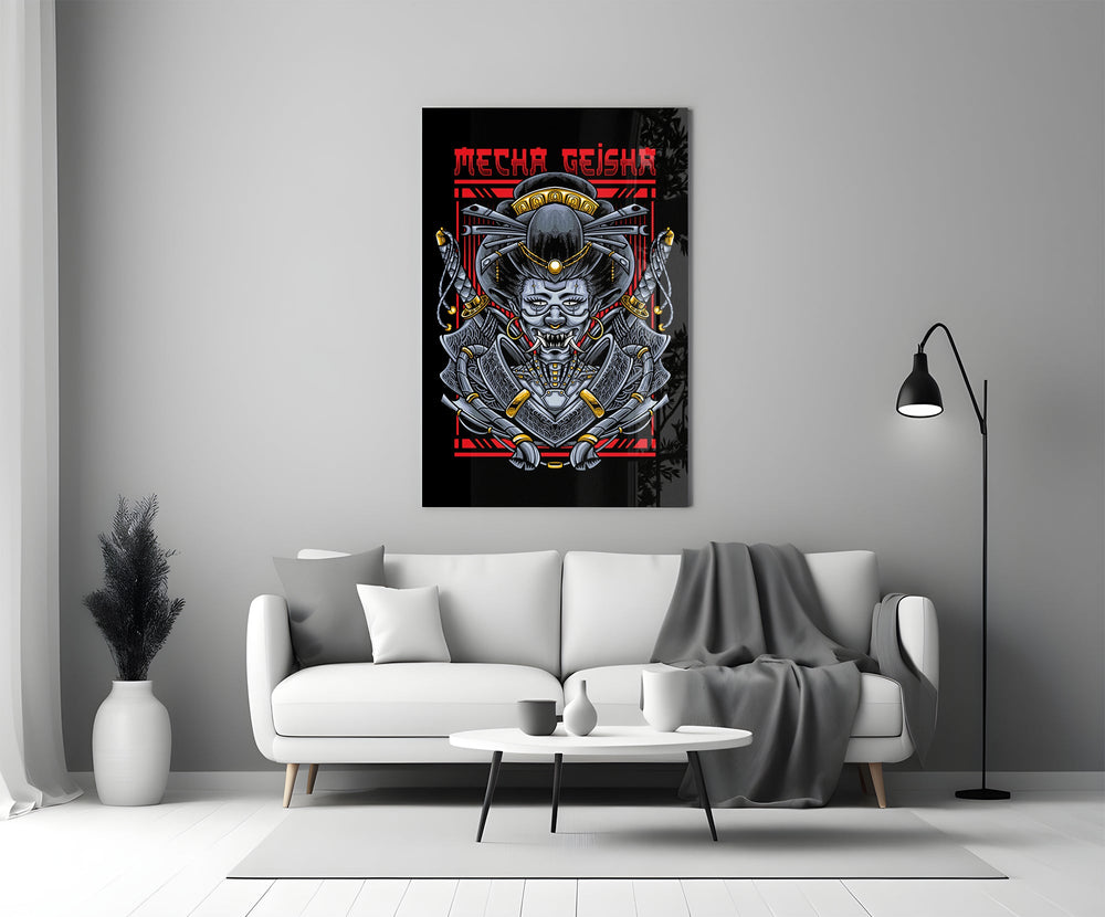 Scarlet cyborg cinematic glass wall art in heritage stairwell