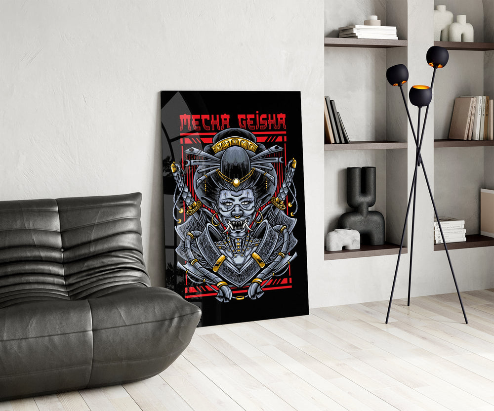 Ukiyo-e demon cinematic glass wall art over modern bar console