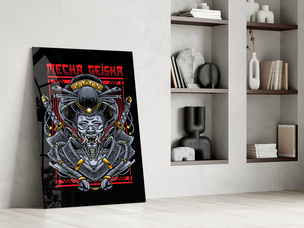 Cyber-samurai poster cinematic glass wall art in private library reading nook