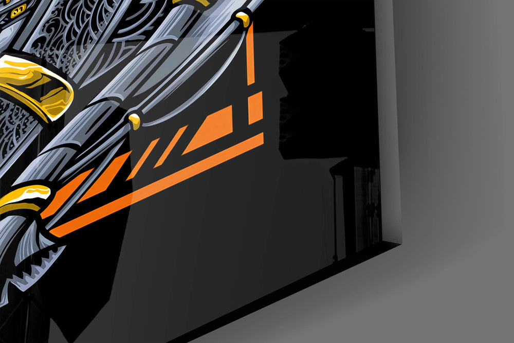 Tangerine cyborg cinematic glass wall art in streetwear-boutique entry
