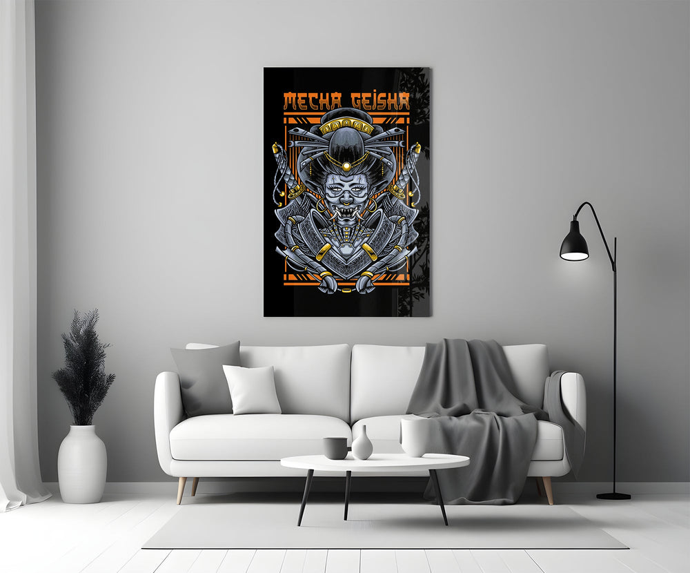 Mecha geisha colorway cinematic glass wall art in heritage stairwell