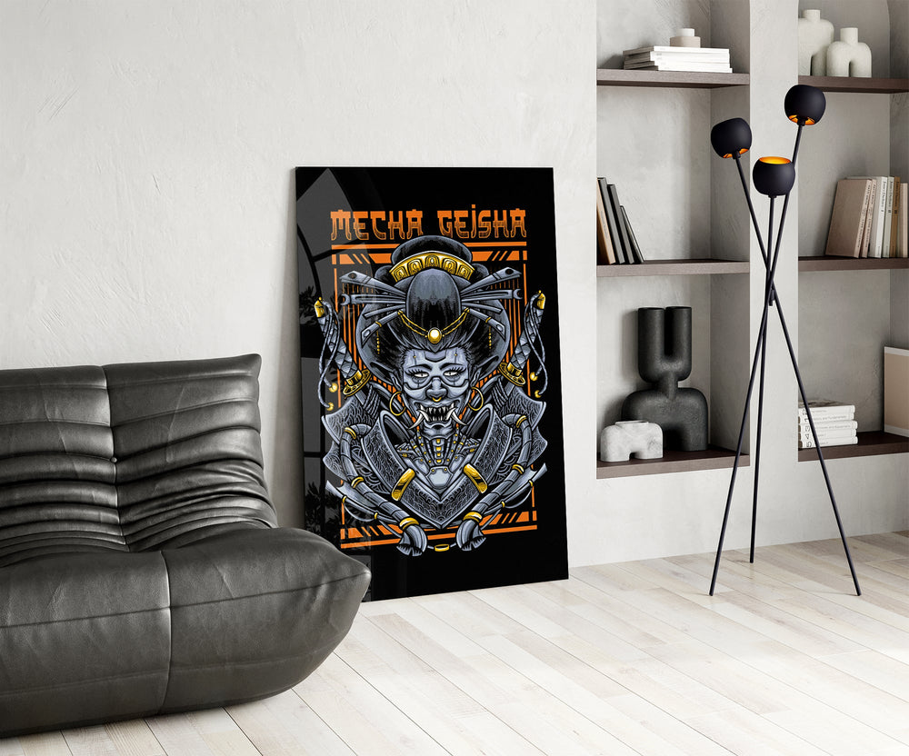 Ukiyo-e demon poster cinematic glass wall art over modern bar console