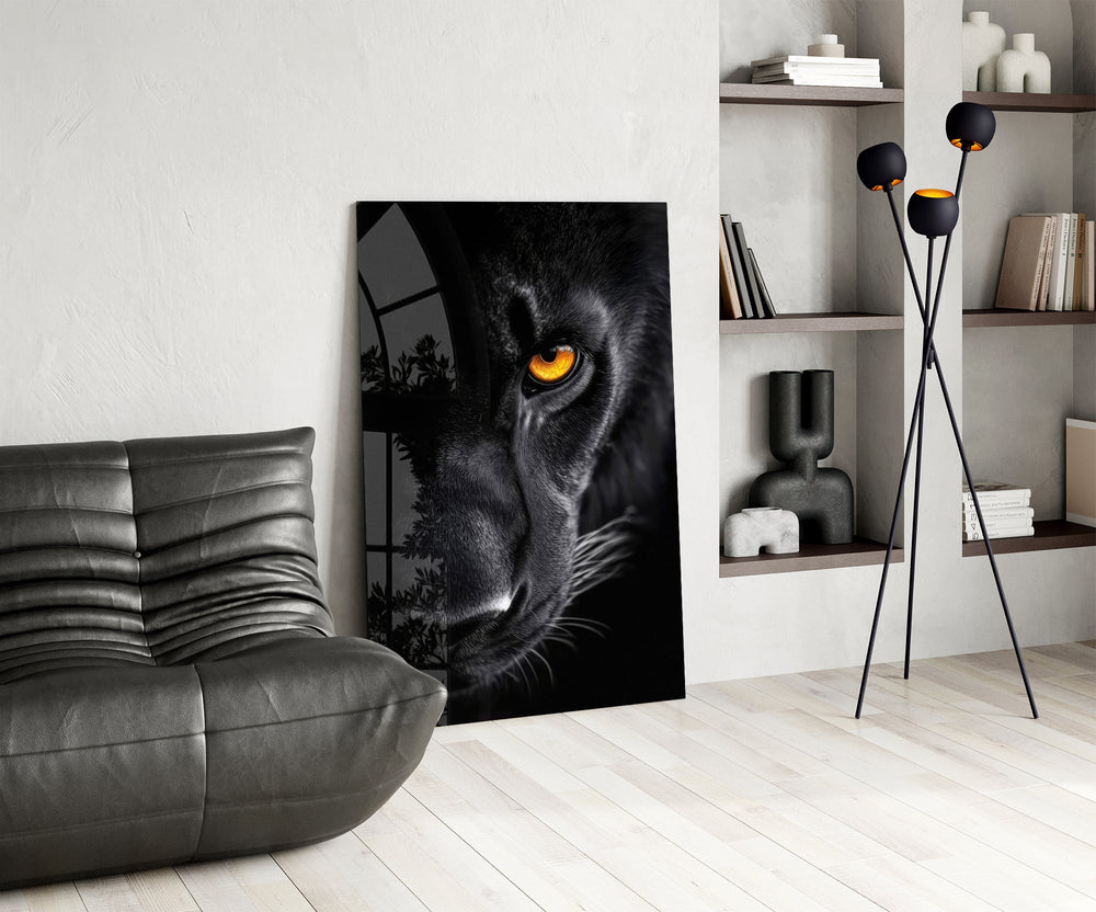 Black-fur close-up cinematic glass wall art over modern dining sideboard