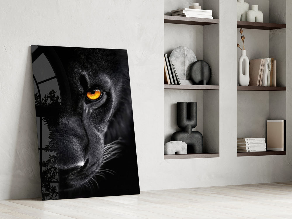 Nick-Brandt-style cinematic glass wall art in mountain-cabin great room