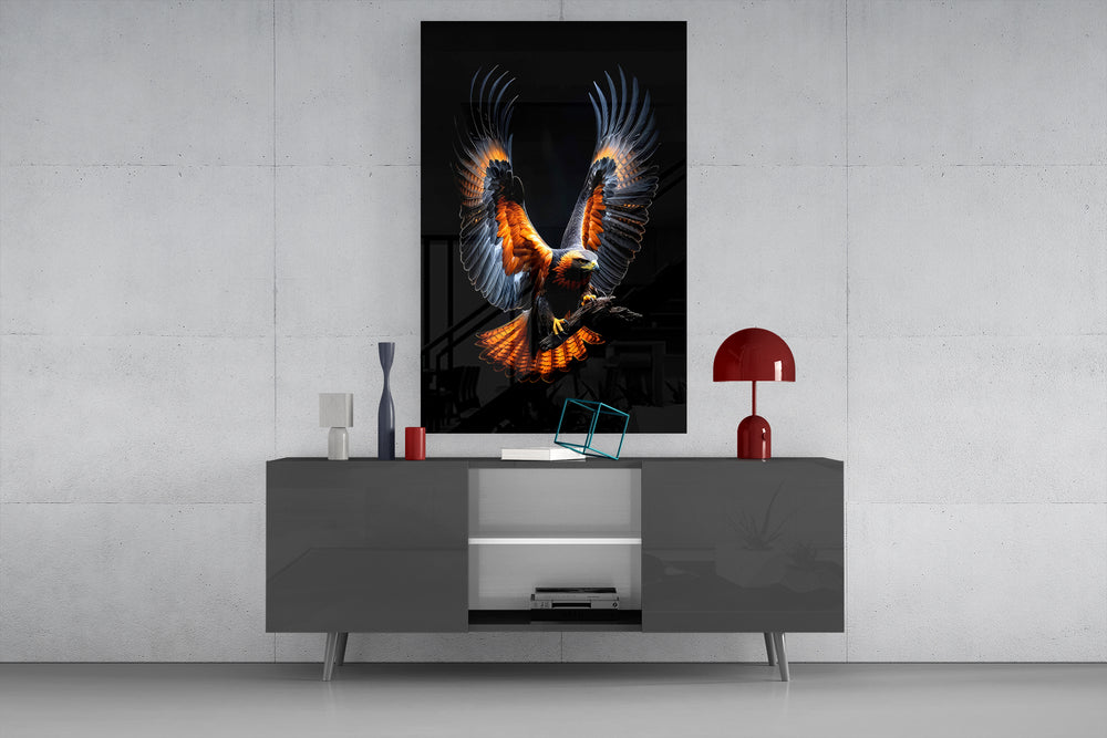 Apex hawk portrait cinematic glass wall art in boutique-hotel lounge