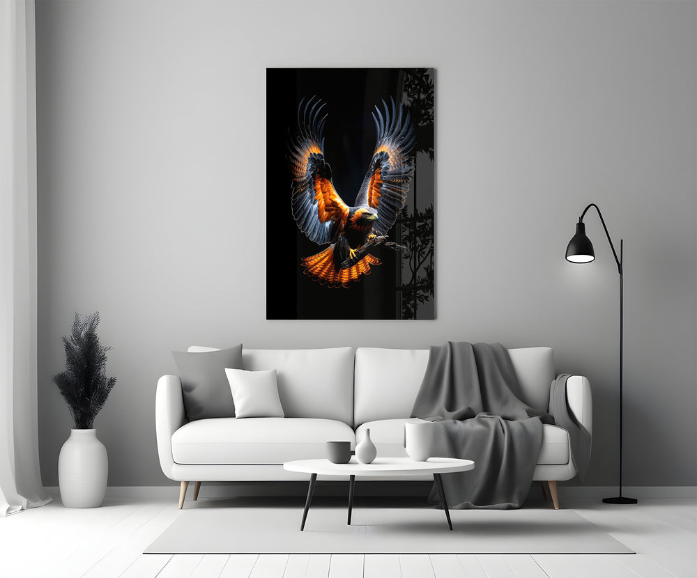 Tangerine plumage cinematic glass wall art in heritage stairwell