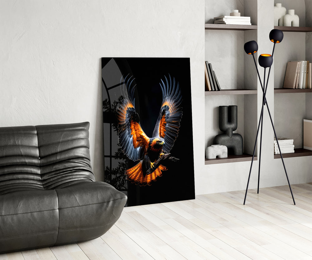 Tim-Flach style cinematic glass wall art over modern dining sideboard