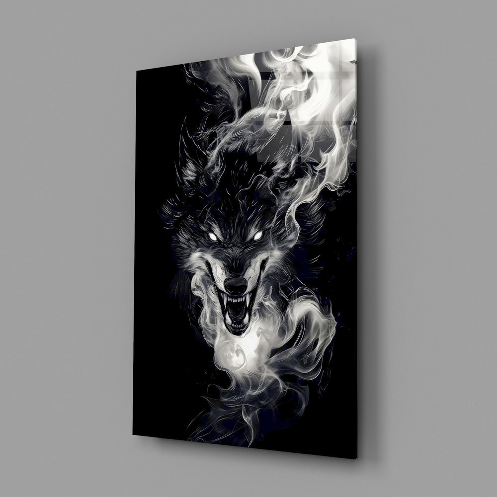 Dark fantasy heavy metal cinematic glass wall art in tattoo-studio reception