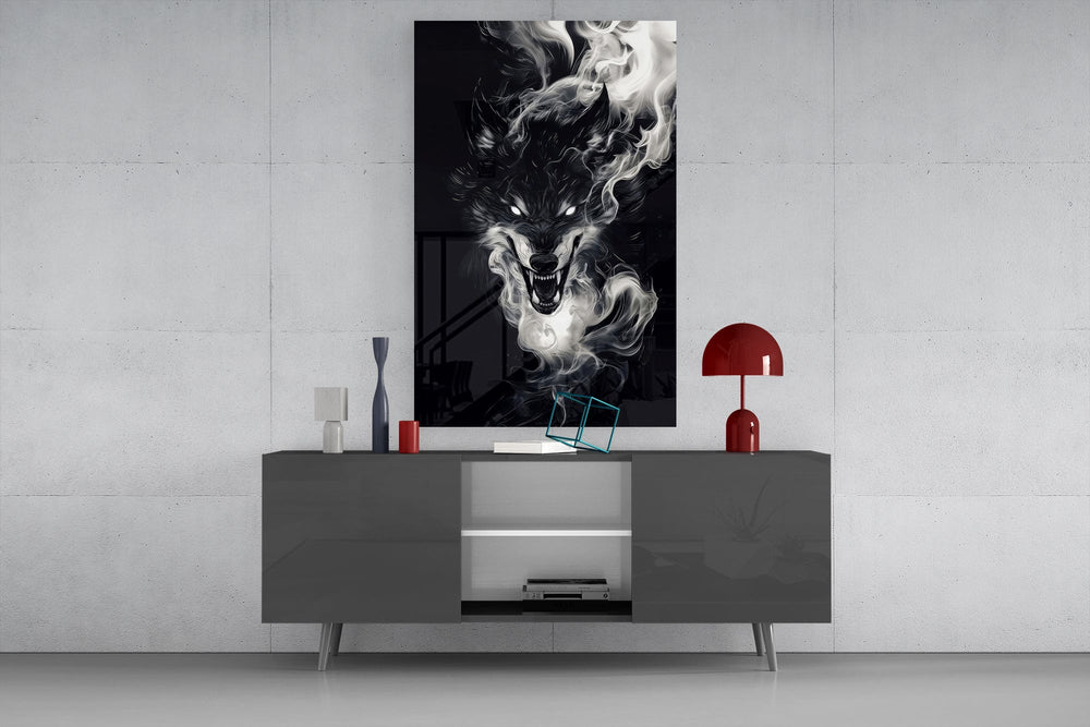 Japanese ink-painting cinematic glass wall art in masculine-luxe study