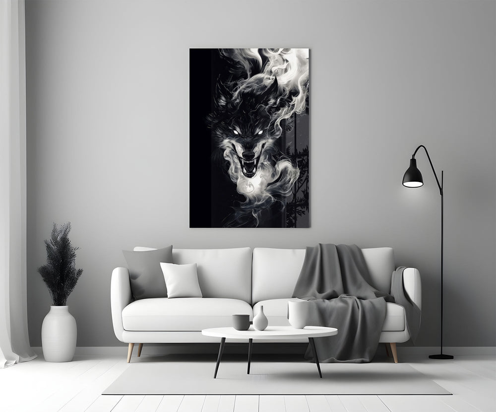 White-eye smoke wolf cinematic glass wall art in heritage stairwell