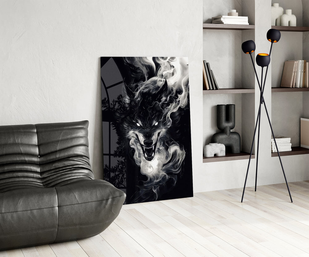 Heavy-metal album cinematic glass wall art over modern bar console