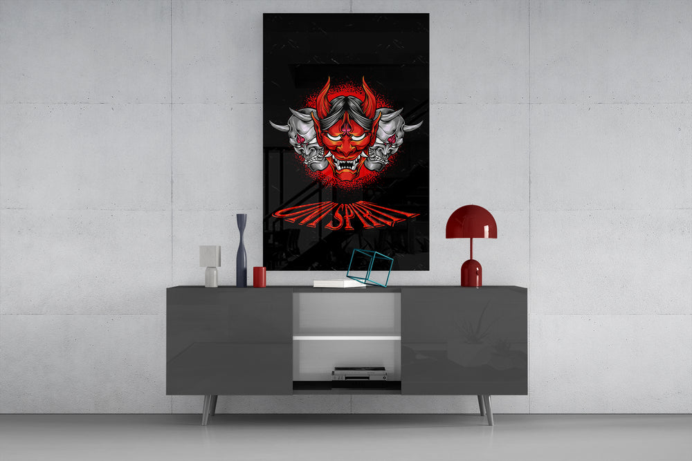 Japanese Noh theatre cinematic glass wall art in masculine-luxe study