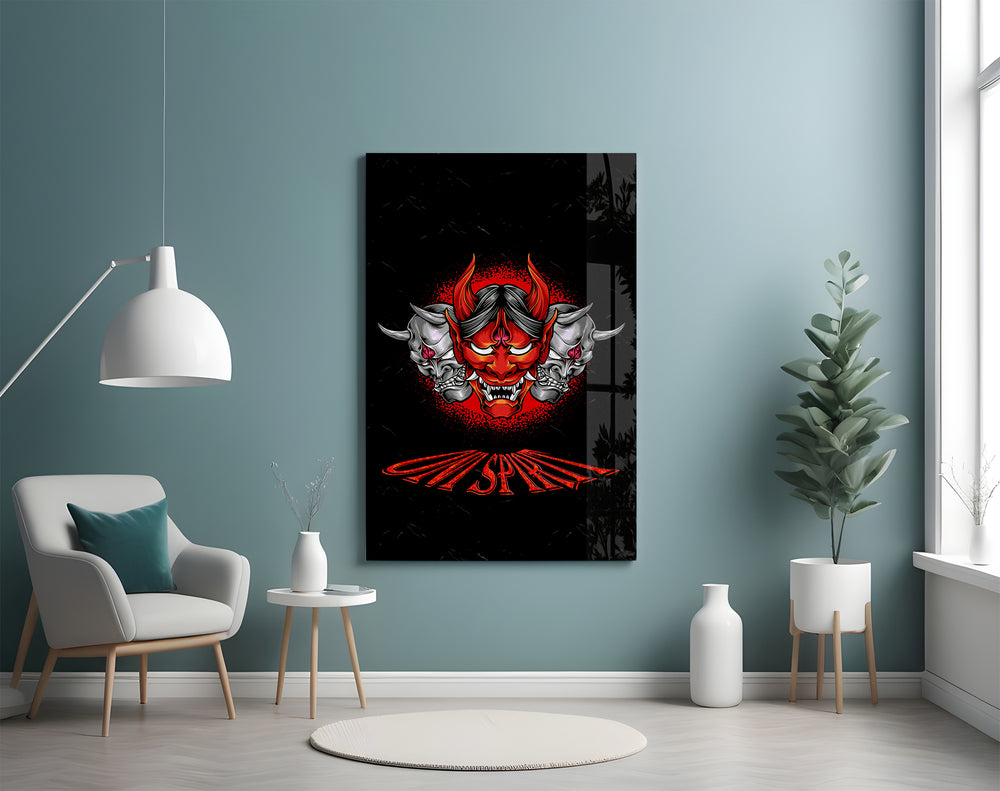 Tattoo-flash demon cinematic glass wall art in tattoo-studio reception