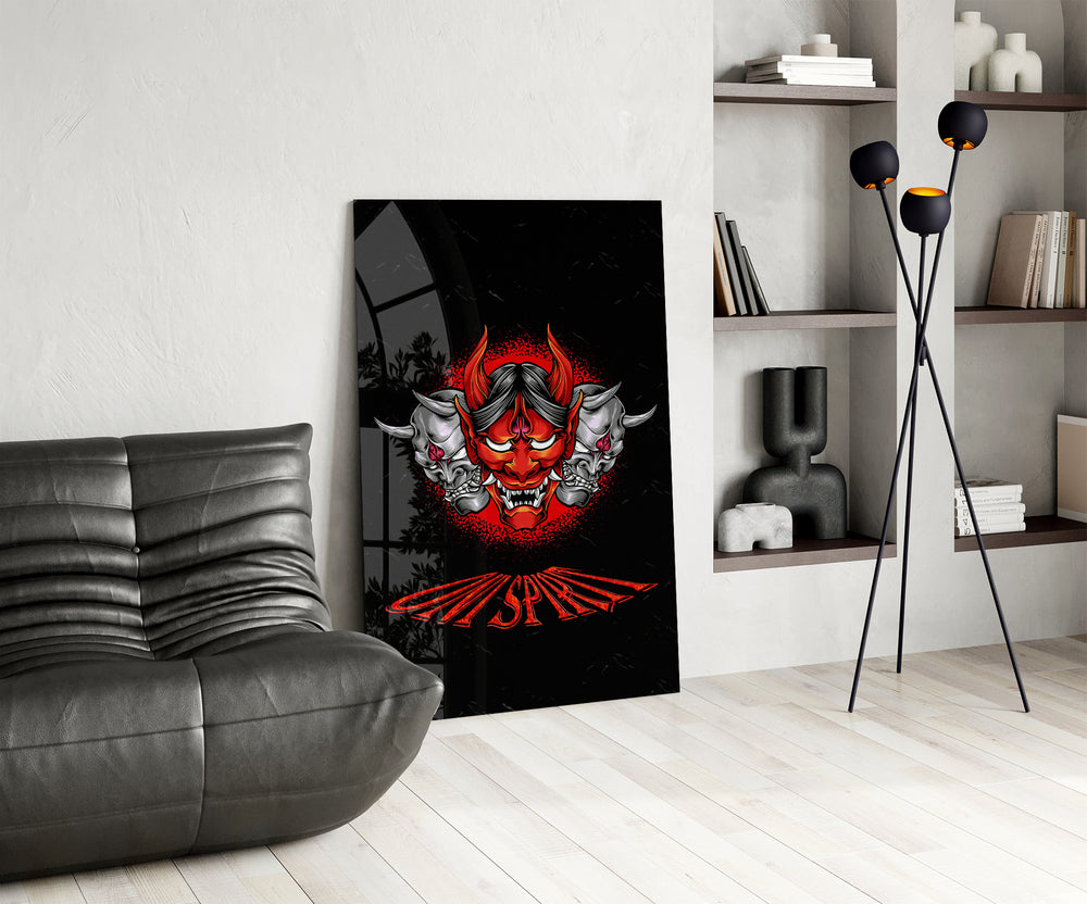 Hannya-mask cinematic glass wall art over modern bar console