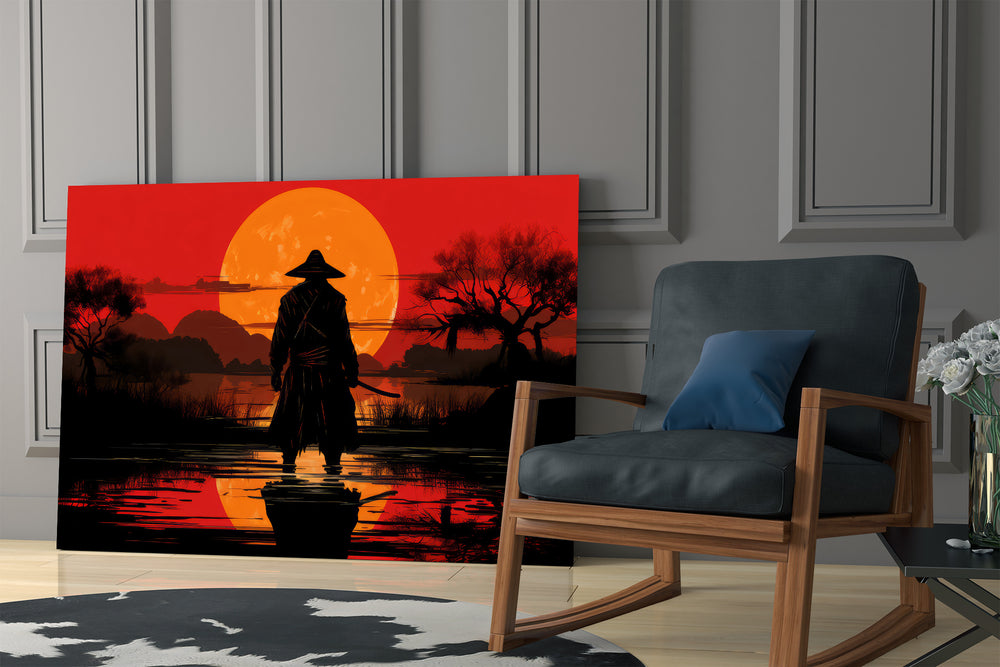 Graphic-novel samurai cinematic glass wall art in private library reading nook