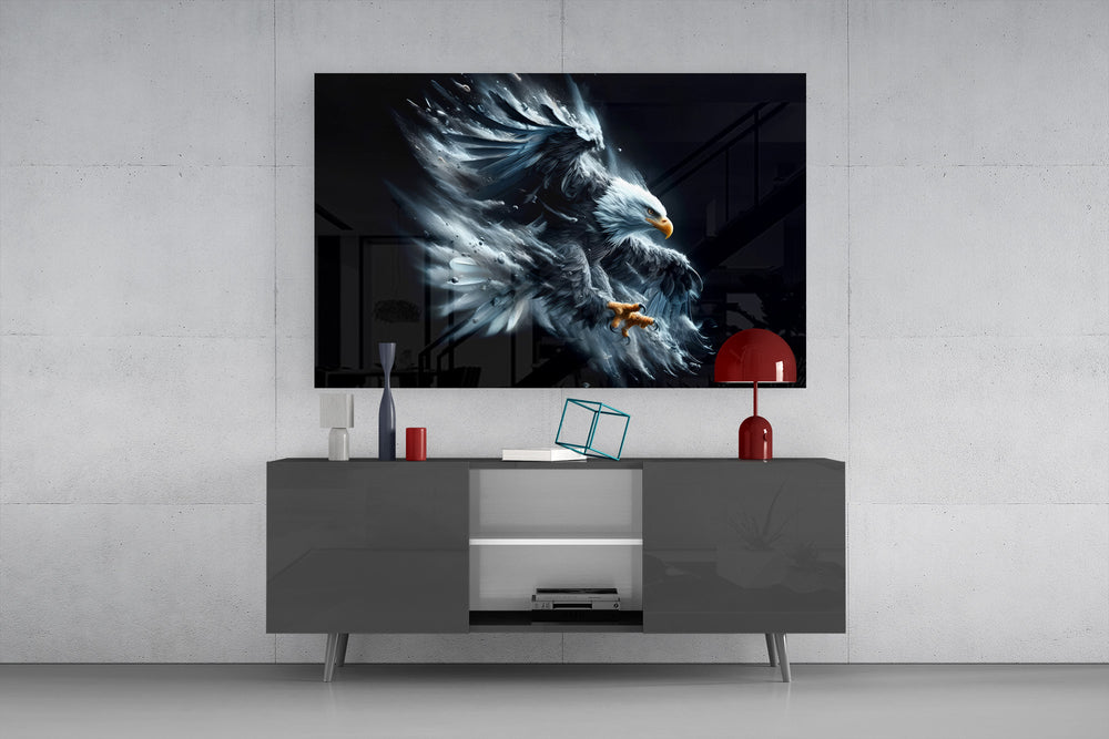 Kinetic eagle cinematic glass wall art in boutique-hotel lounge