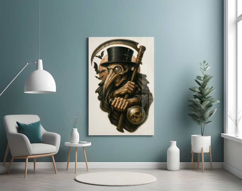 Macabre Reaper cinematic glass wall art in streetwear-boutique entry
