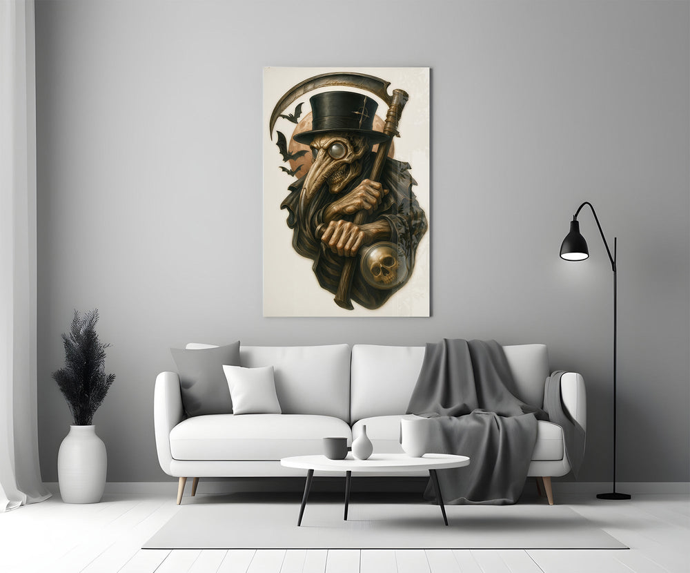 Edward-Gorey style cinematic glass wall art in heritage stairwell